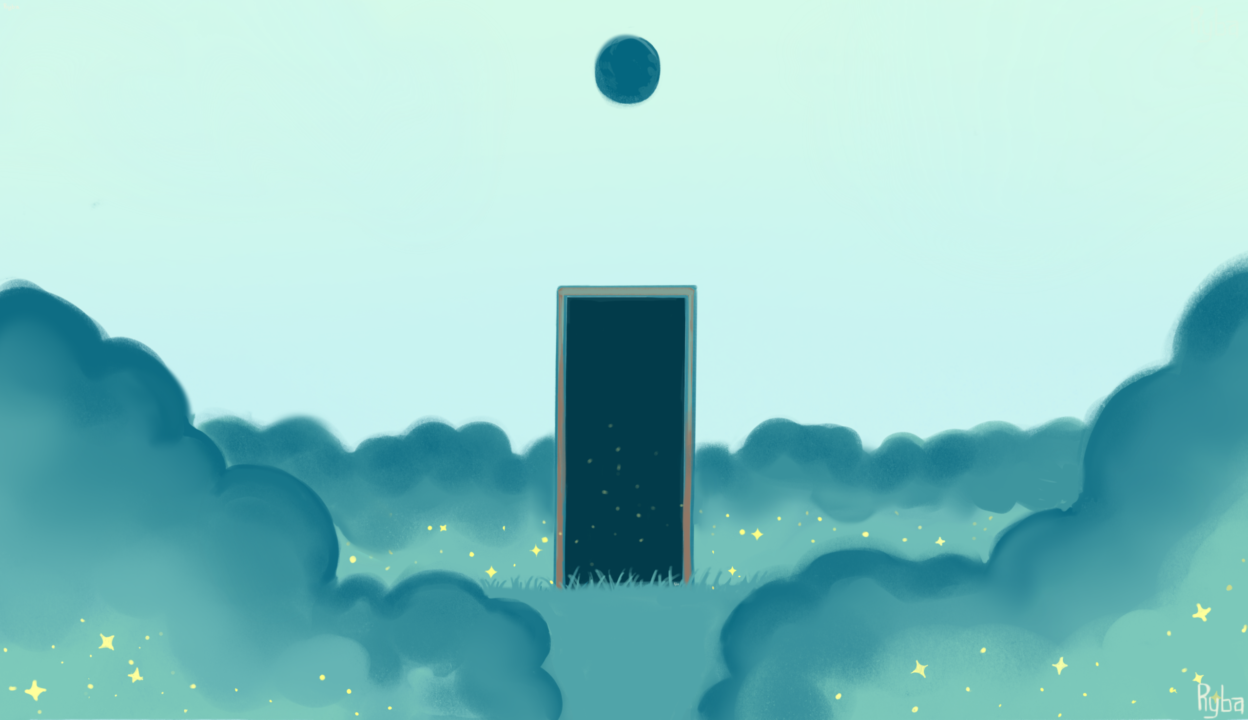 In a strange world full of green and blue there stands a lone frame leading to something darker...